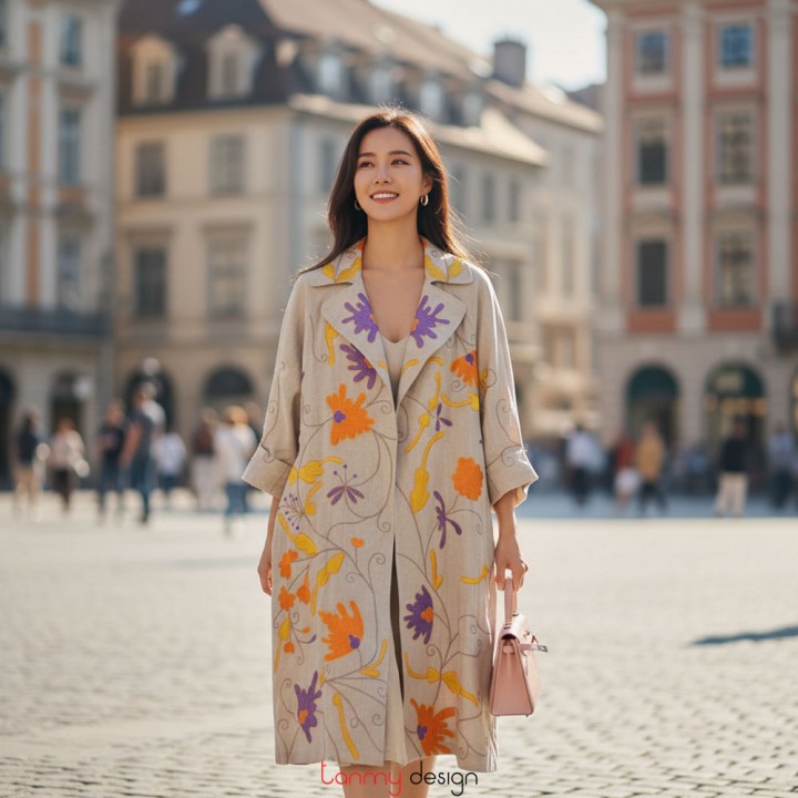 Áo khoác cổ 2 ve hoa phù dung tím cam vàng